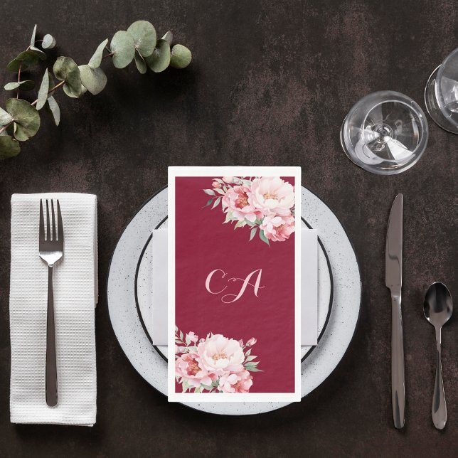 Serviette En Papier Flores de roses roses de Bourgogne monogramme anni (Créateur téléchargé)