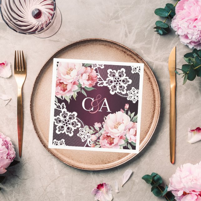 Serviette En Papier Flores de roses roses de Bourgogne monogramme mari (Créateur téléchargé)