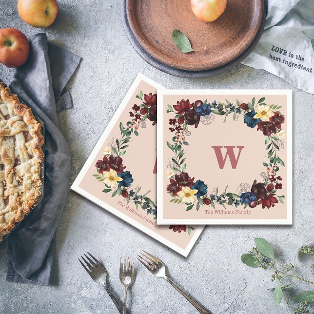 Serviette En Papier Flores romantiques Monogramme personnalisé (Créateur téléchargé)