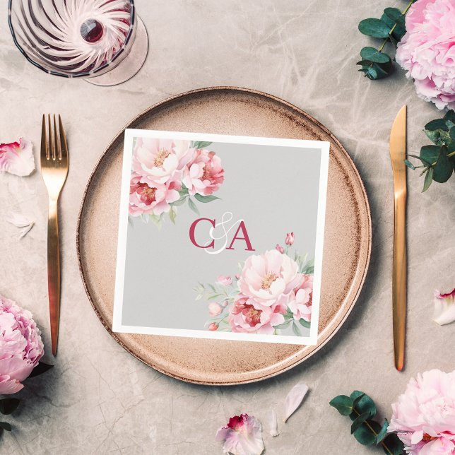 Serviette En Papier Flores rose gris mariage monogramme (Créateur téléchargé)