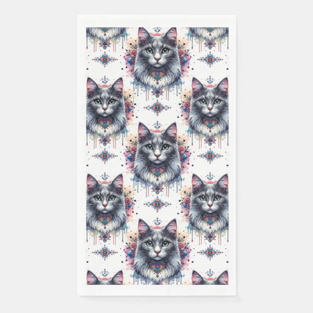 Serviette En Papier Fluffy Long cheveux gris et blanc Tuxedo Chat (Devant)
