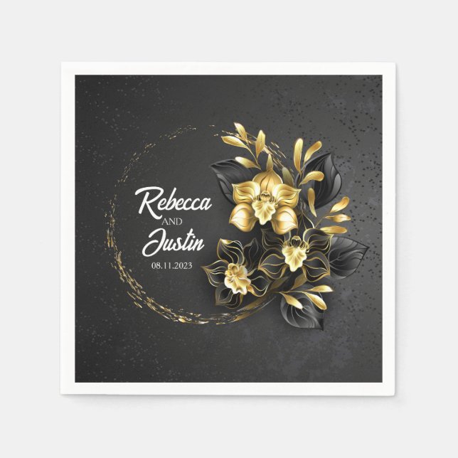 Serviette En Papier Foil Gold Black Orchidées Modern Boho (Devant)