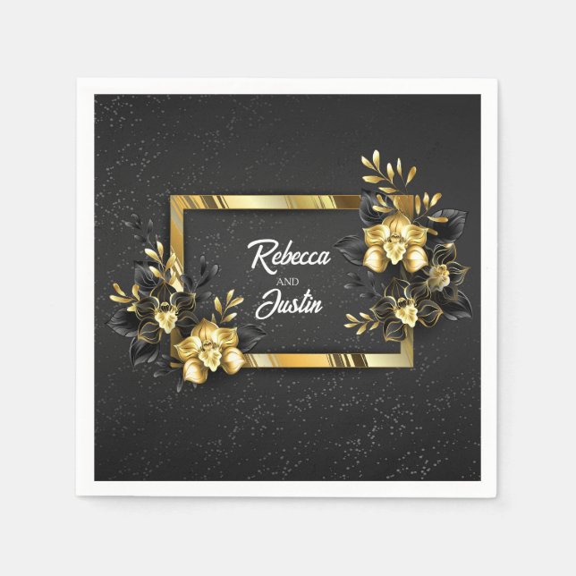 Serviette En Papier Foil Gold Black Orchidées Modern Boho (Devant)