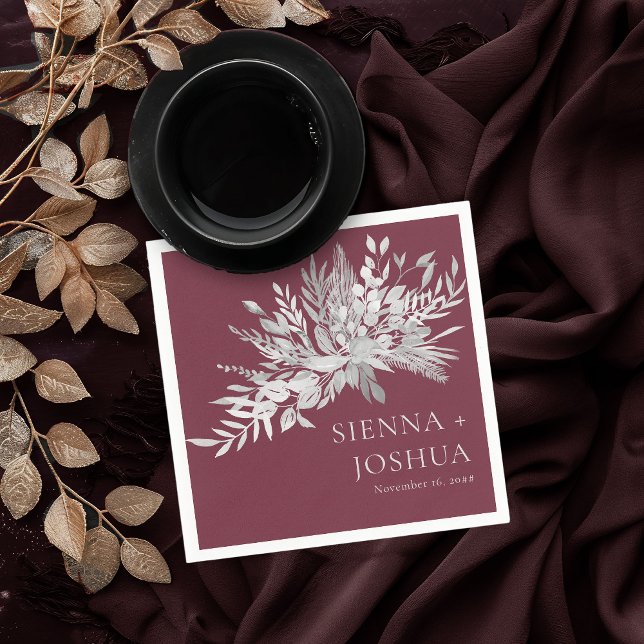Serviette En Papier Foliage Duet Bourgogne Grey Mariage botanique (Wedding Cocktail Napkins in burgundy and grey from the Foliage Duet Collection by Darling & May)
