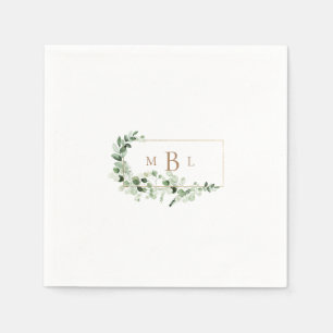 Serviette En Papier Foliage & Or Monogramme Blanc Elégant Cocktail