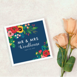 Serviette En Papier Folk Bouquet - Blue Boho Mr & Mrs Mariage
