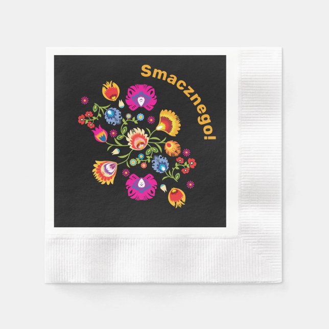 Serviette En Papier folklore polonais personnalisé avec fleurs roses (Devant)