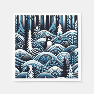 Serviette En Papier Forêt Bleue D'Hiver De Minuit Avec Pingouin Lone