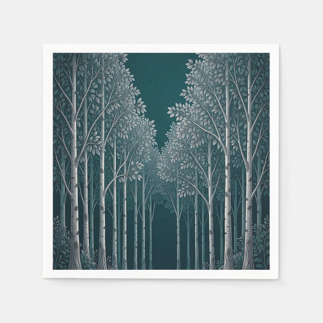 Serviette En Papier Forêt d'arbres blancs de bouleau sarcelle foncée  (Devant)