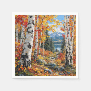 Serviette En Papier Forêt de bouleaux en automne avec lac de montagne