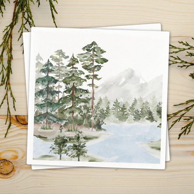 Serviette En Papier Forêt de pins verts et lac monogrammés (In situ)