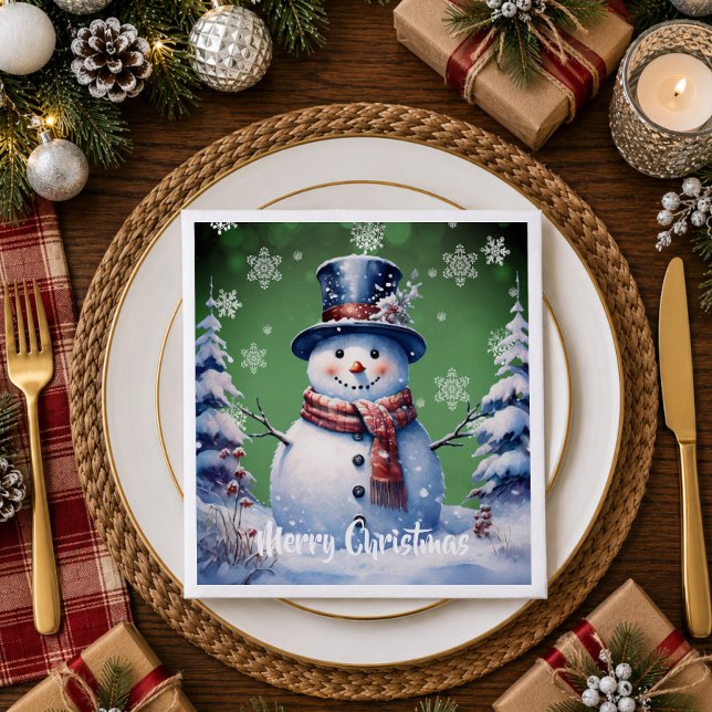 Serviette En Papier Forêt d'hiver Bonhomme de neige Noël | Vert (Green Winter Forest Snowman Christmas Napkins)