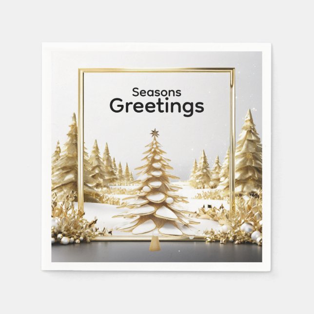 Serviette En Papier Forêt enneigée dorée de Noël hivernal de luxe (Devant)