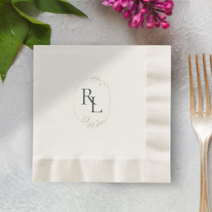 Serviette En Papier Forêt foncée Vert Écru Floral Monogramme Mariage