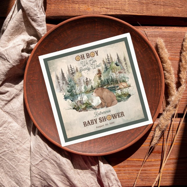 Serviette En Papier Forêt Rustique Oh Garçon Baby shower d'attente rap ("Oh Boy We Can Bearly Wait!" Rustic Woodland Bear and Forest Animals Baby Shower Paper Napkins)