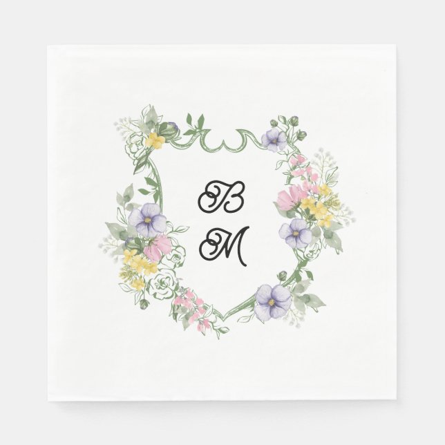 Serviette En Papier Formal Floral Monogram Crest Wedding (Devant)