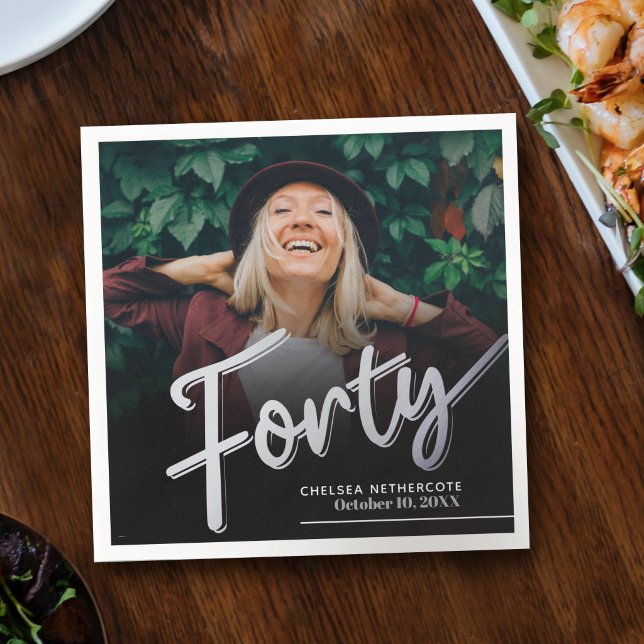 Serviette En Papier Forty 40th Birthday custom photo script silver (Créateur téléchargé)