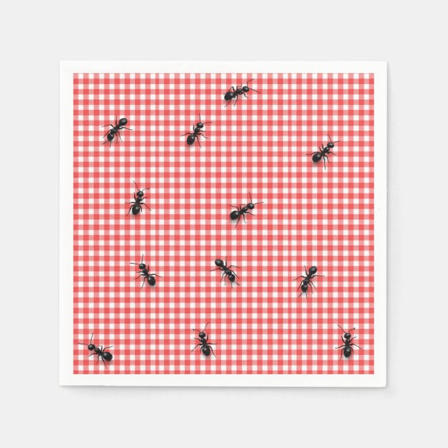 Serviette En Papier Fourmis noires sur Vichy rouge et blanc (Devant)