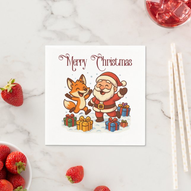 Serviette En Papier Fox and Santa Christmas Paper Napkin (En situation)