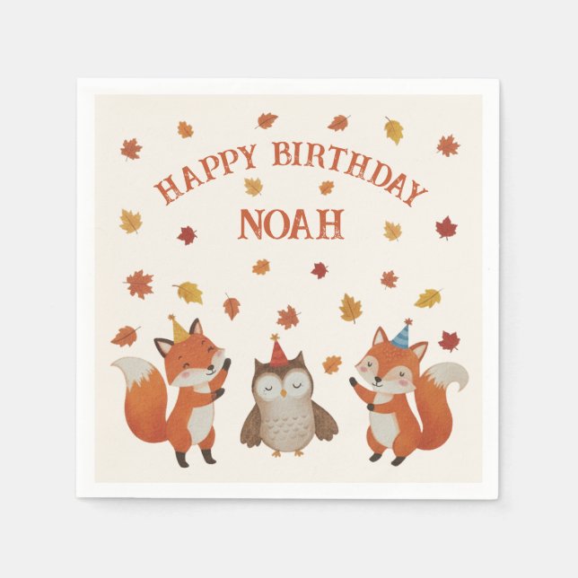 Serviette En Papier Foxes and Owl Woodland Fall Kids Birthday Party (Devant)