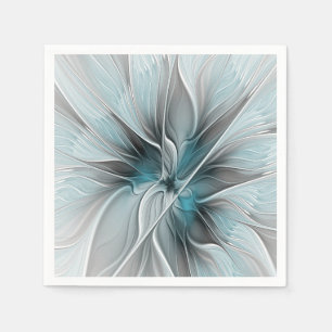 Serviette En Papier Fractal Floral Moderne Abstrait Fleur Bleu Gris