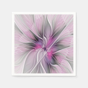 Serviette En Papier Fractal Floral Moderne Abstrait Fleur Rose Gris