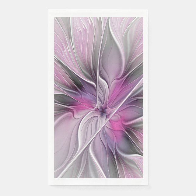 Serviette En Papier Fractal Floral Moderne Abstrait Fleur Rose Gris (Devant)