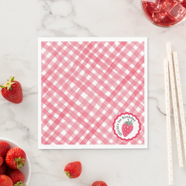 Serviette En Papier Fraise 1er Anniversaire Serviettes - Aquarelle rou (En situation)