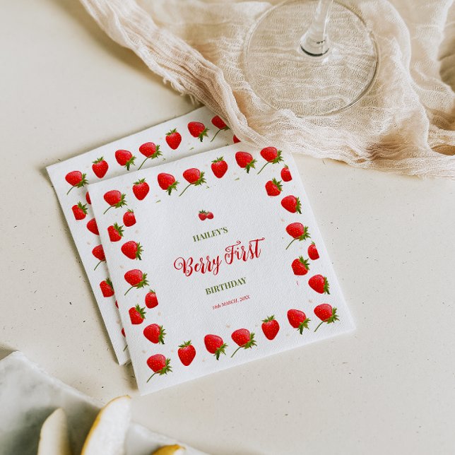 Serviette En Papier Fraise Berry Première fête d'anniversaire Invitati (Créateur téléchargé)