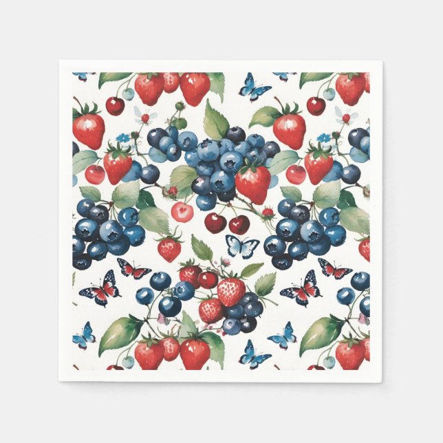 Serviette En Papier Fraises aux bleuets et papillons (Devant)
