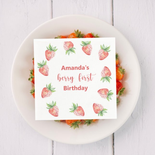 Serviette En Papier Fraises d'aquarelle 1er anniversaire (Créateur téléchargé)