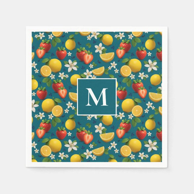 Serviette En Papier Fraises et citron sur bleu (Devant)