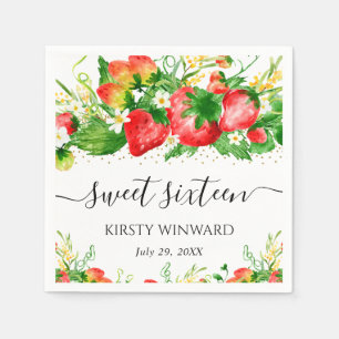 Serviette En Papier Fraises et fleurs à l'aquarelle Sweet Sixteen