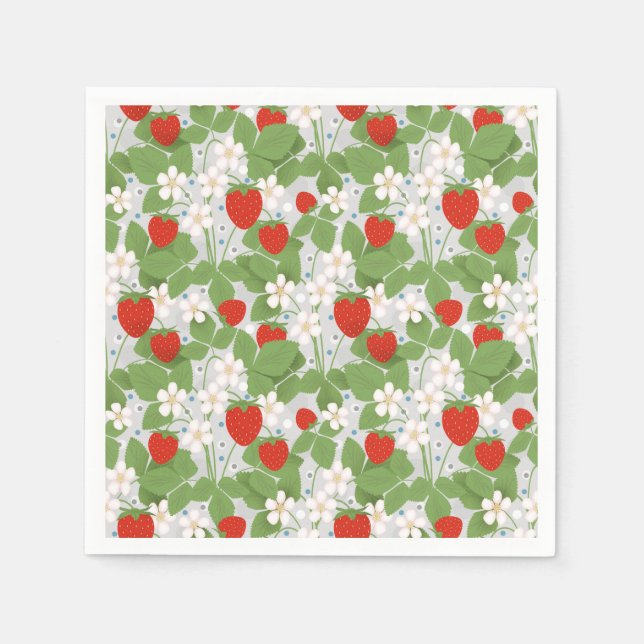 Serviette En Papier Fraises et fleurs rose et blanche (Devant)