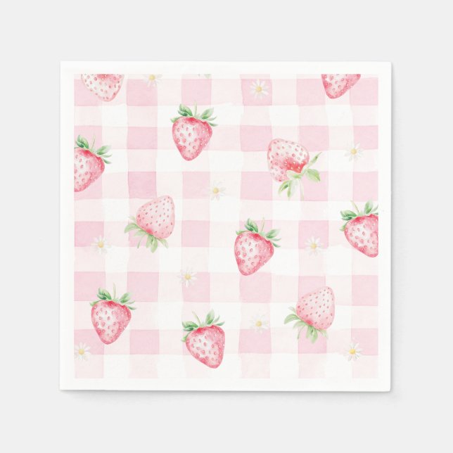 Serviette En Papier Fraises Gingham Rose Anniversaire 1 an (Devant)