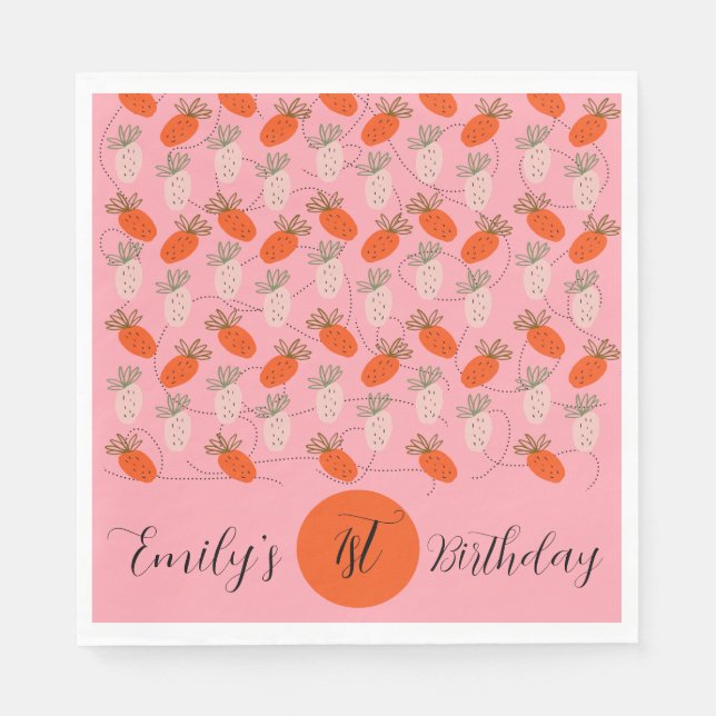 Serviette En Papier Fraises motif gribouillé rose blanc      (Devant)