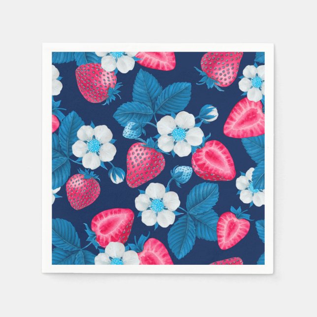 Serviette En Papier Fraises roses sur bleu (Devant)
