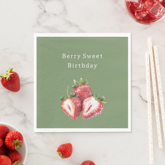 Serviette En Papier Fraises Vert Olive Sucré D'anniversaire (En situation)