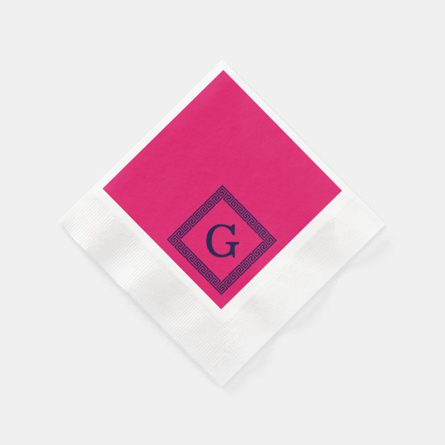 Serviette En Papier Framboise, Clé grecque bleue marine #1 Monogramme  (Coin)