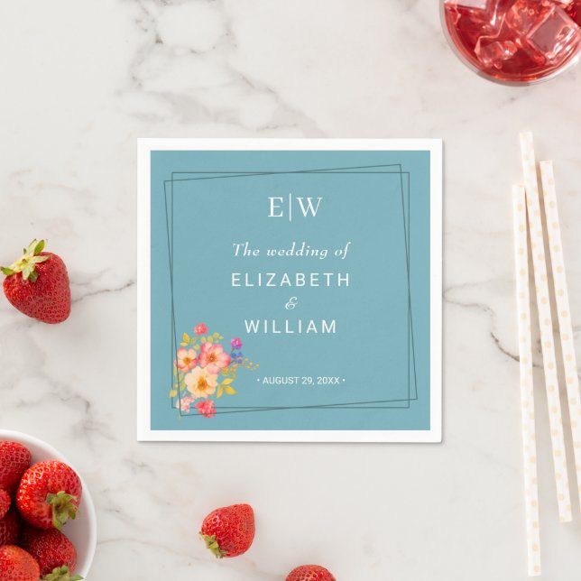 Serviette En Papier  Frame with Roses, Wedding style on retro blue (En situation)