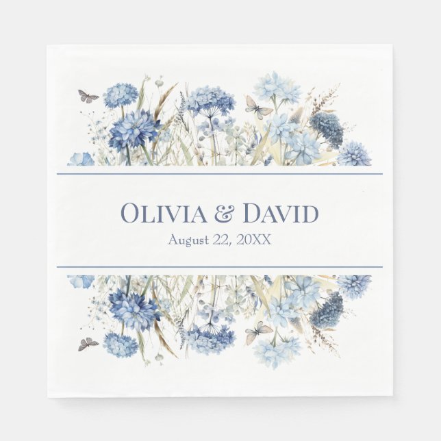 Serviette En Papier Français Bleu Boho Jardin Fleurs Mariage serviette (Devant)