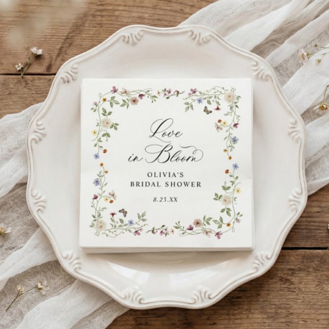 Serviette En Papier French Wildflower Love in Bloom Bridal Shower (Bridal shower napkins with French wildflower design and love is in bloom floral script)