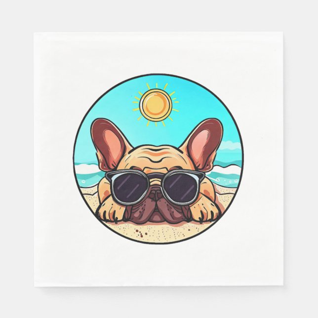 Serviette En Papier Frenchie Profitant De La Plage (Devant)