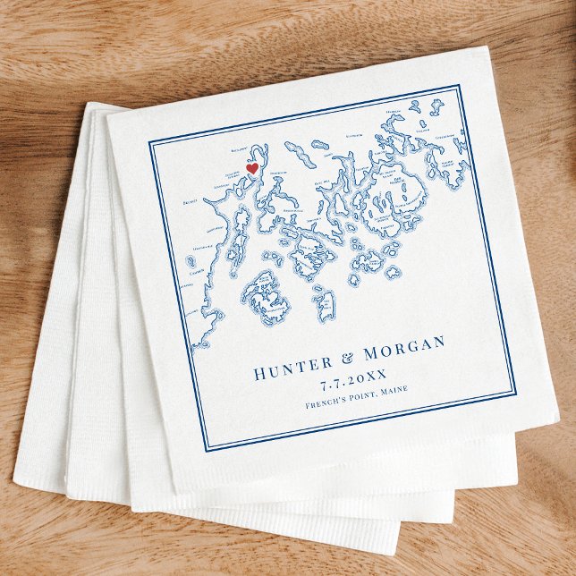 Serviette En Papier French's Point Stockton Maine Mariage élégant (French's Point Maine Wedding Napkins Stockton Springs map in elegant navy blue by Coastal Map Design)
