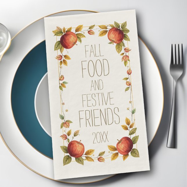 Serviette En Papier Friendsgiving Fall Food Festive Friends Apple Leaf (Personalized Friendsgiving napkins featuring a charming rustic border of Autumn leaves and apples)
