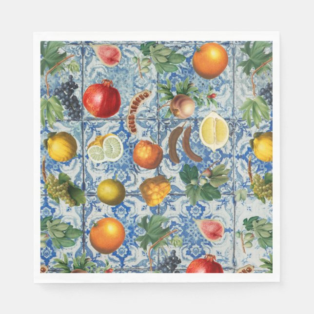Serviette En Papier Fruit d'été méditerranéen & Mosaïque Bleue Blanc (Devant)