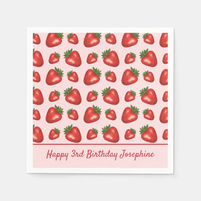Serviette En Papier Fruit Fraise Motif Sur Rose Joyeux Anniversaire (Devant)