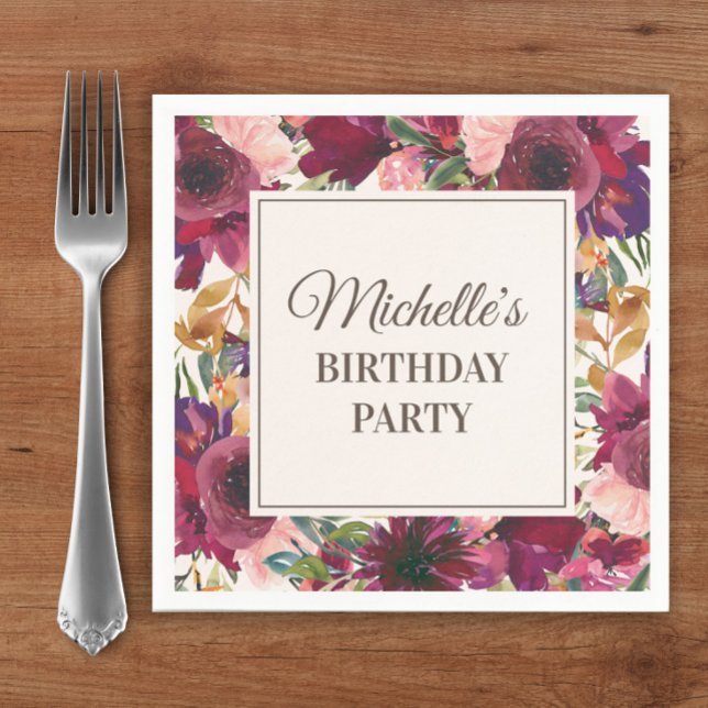 Serviette En Papier Fuchsia Aquarelle Fleurs Anniversaire (Burgundy and pink watercolor floral custom birthday party paper napkins)