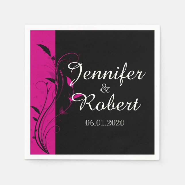 Serviette En Papier Fuchsia Black Floral Filigree Mariage Napkin (Devant)