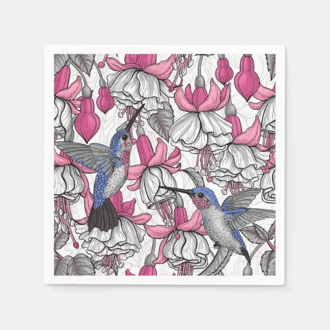 Serviette En Papier Fuchsia et colibris blancs (Devant)